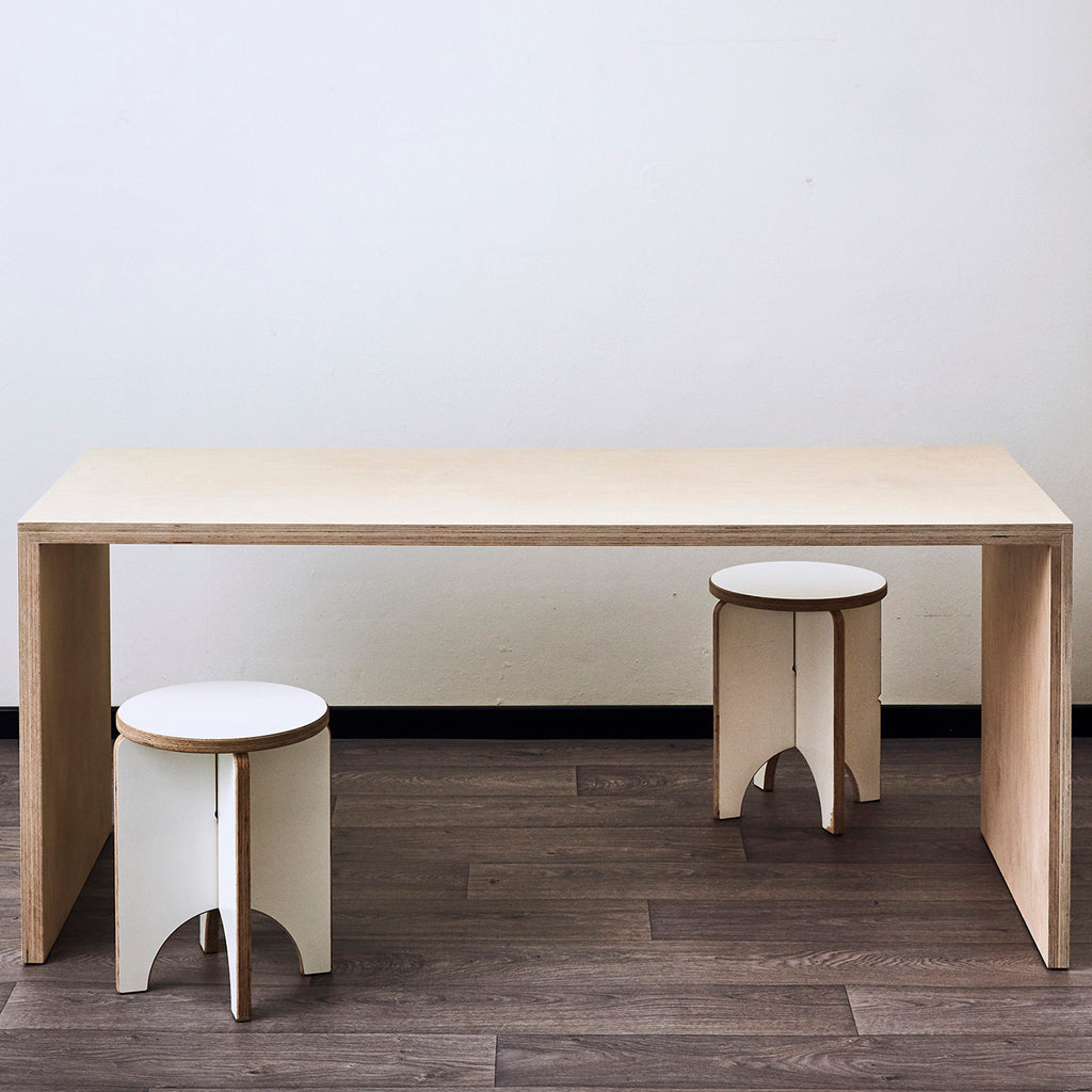 Plain Front View of Plywood Todd Desk as Dining Table in Natural Color with Plain Stool