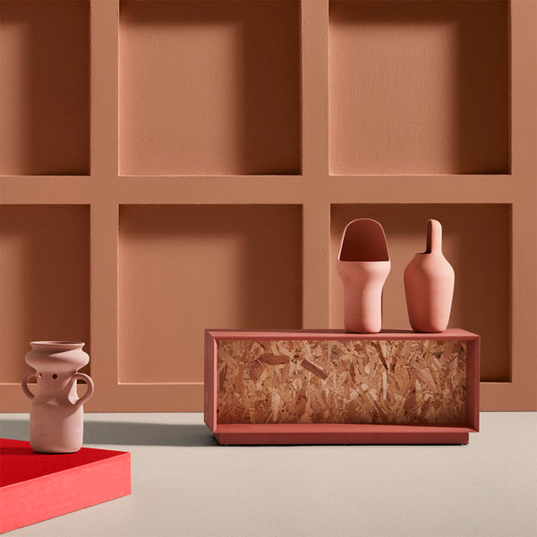 Pastel Pink Background and Pink Vases Sitting On Top of Poppi Bench Seat in Blush