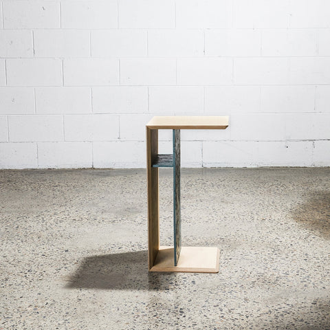 Side view of natural charli side table plywood OSB cantilevered