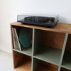 Detailed View of Plywood Vinyl Storage with Vinyl Records