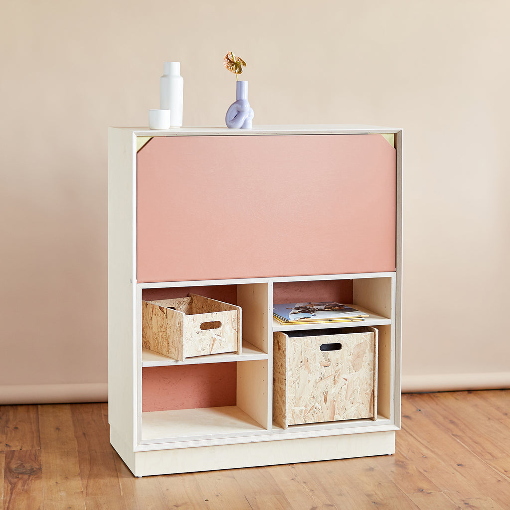 Front View of Plywood Fold Out Storage Desk in Blush