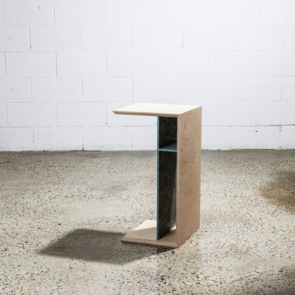 Side view of natural charli side table plywood OSB cantilevered