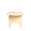 Side View of a Natural Coloured Oval Shaped Plywood Coffee Table with Arch Legs
