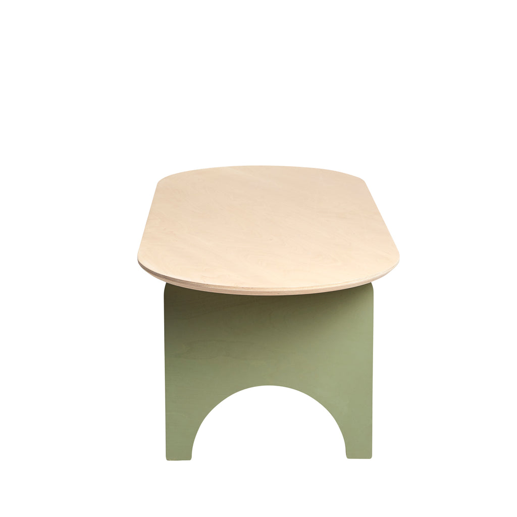 Top View of a Natural Coloured Oval Shaped Plywood Coffee Table with Arch Legs