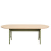 Side View of a Natural Coloured Oval Shaped Plywood Coffee Table in Plain White Background