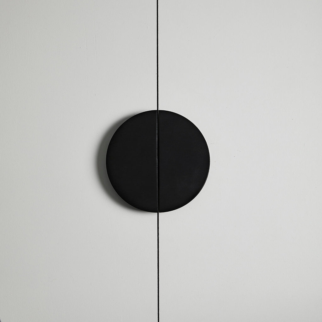 Slightly Opened Cabinet with Large-Sized Plywood Round Handle Half Moon in Black 