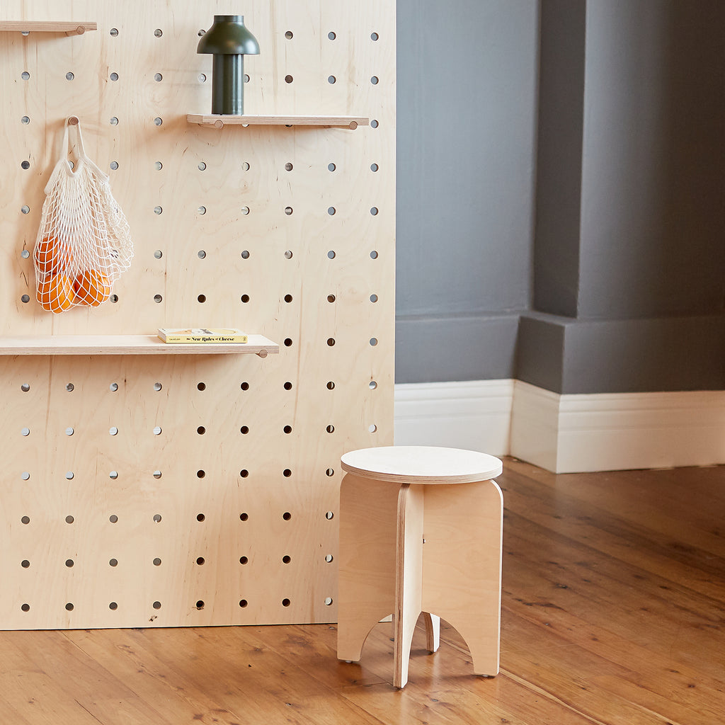 Natural Coloured Birch Plywood Stool with a Plywood Pegboard