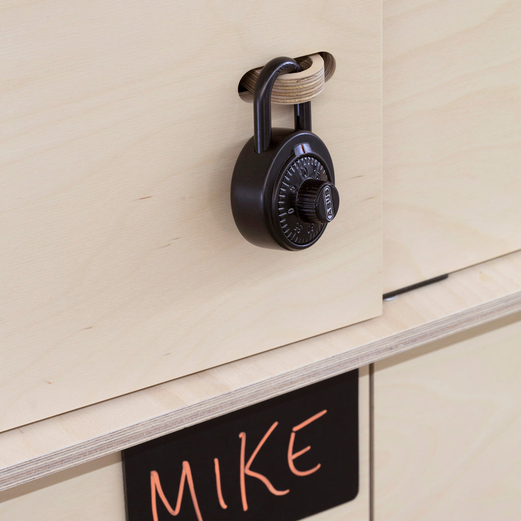 Close-Up View of a Natural Coloured Plywood Locker with  Rotary Combination Padlock and the Name Mike on the Nameplate